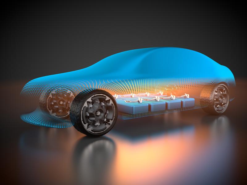Simuliertes Elektrofahrzeug mit sichtbarem Batteriepaket